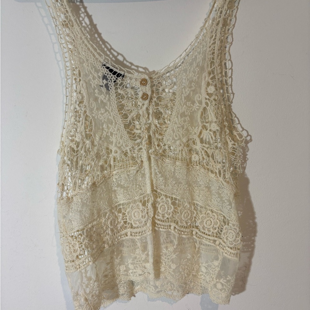 Rue 21 Size Medium Cropped Crotched Lace Tank Top See Through Casual Summer - Picture 4 of 8